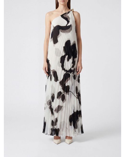 Max Mara White One-Shoulder Floral-Print Chiffon Long Ceremony Gown