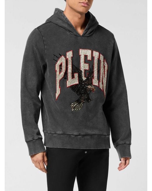Philipp Plein Gray Graphic Print Cotton Hoodie With Logo for men