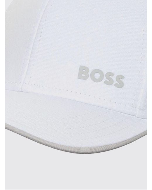 Boss White Cotton Hat With Logo Print for men