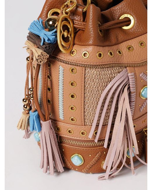 La Carrie Natural Jungle Faux Leather Bucket Bag With Fringes And Stones
