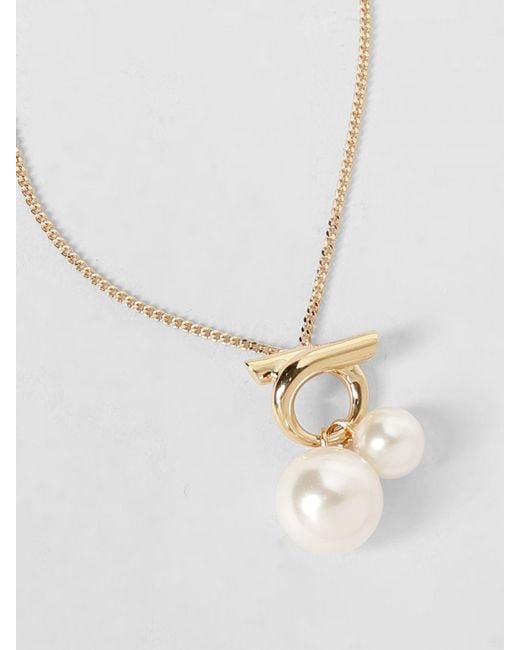 Ferragamo White Gancini Torchon Brass And Pearl Necklace