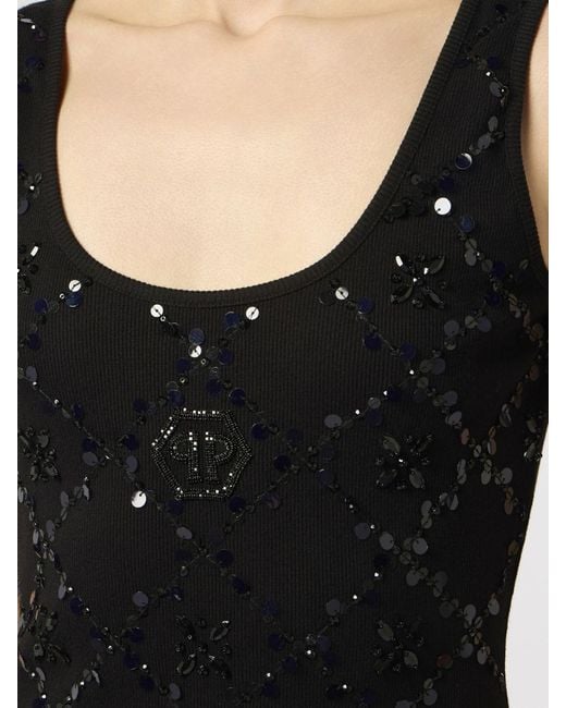 Philipp Plein Black Slim Fit Cotton Jersey Top With Rhinestone Hexagon Logo