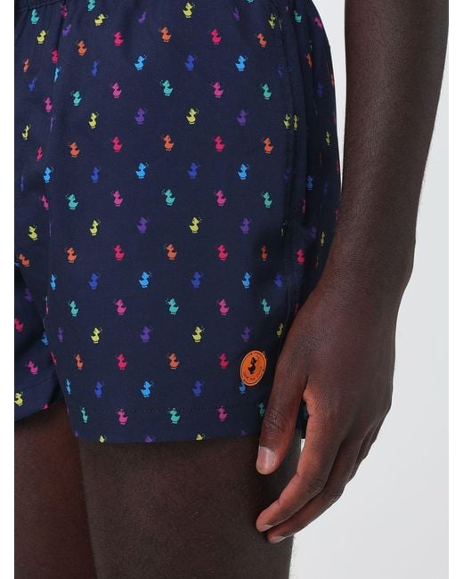 Save The Duck Blue Graphic Print Swim Shorts With Elasticated Drawstring Waist By for men
