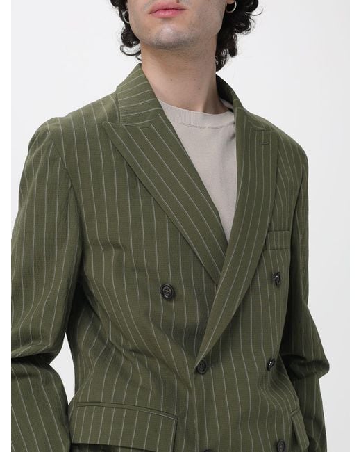 Paolo Pecora Green Pinstriped Cotton Double Breasted Blazer for men