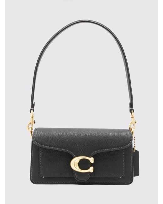 COACH Black Tabby Monogram Grained Leather Shoulder Bag With Flap Closure