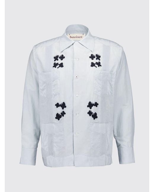 BAZISZT Gray Long-Sleeve Cotton Shirt With Butterfly Embroidery for men