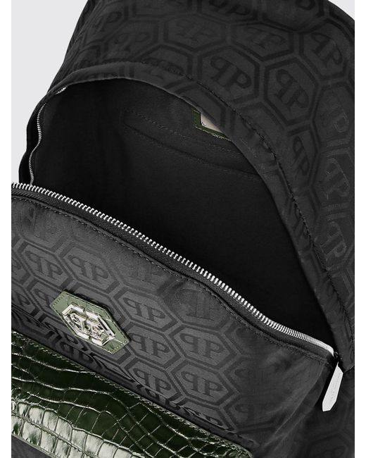 Philipp Plein Black Nylon Backpack With Jacquard Hexagon And Crocodile Print Leather for men