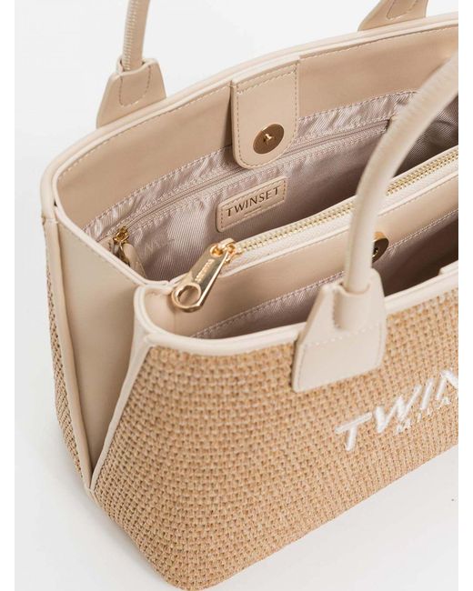 Twinset Natural Raffia Bag With Embroidered Logo