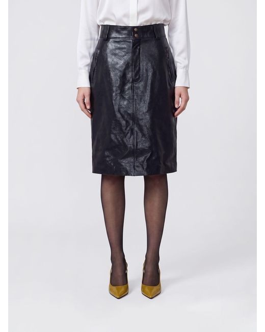 Saint Laurent Blue High-Waisted Leather Pencil Mini Skirt With Buttons
