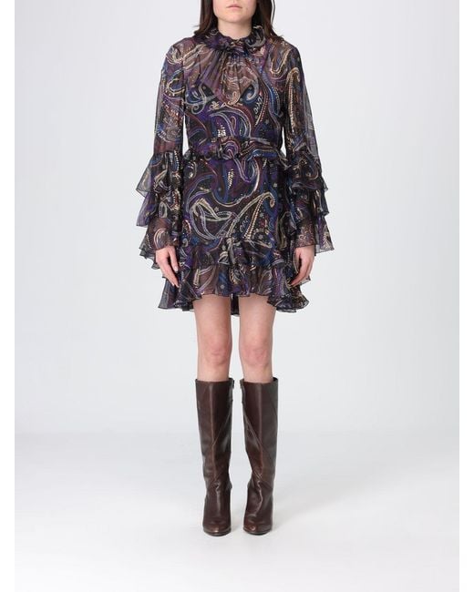 Etro Multicolor Mini Silk Dress With Ruffles And Paisley Print