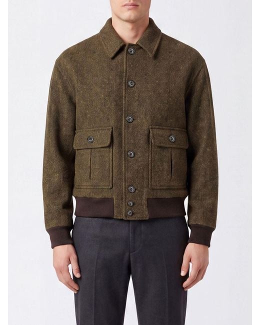 Valstar Brown Wool Bomber Jacket With Classic Collar And Patch Pockets for men