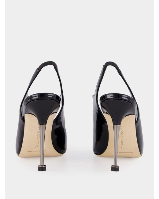 Manolo Blahnik White Minza High-Heeled Patent Leather Slingback Sandals