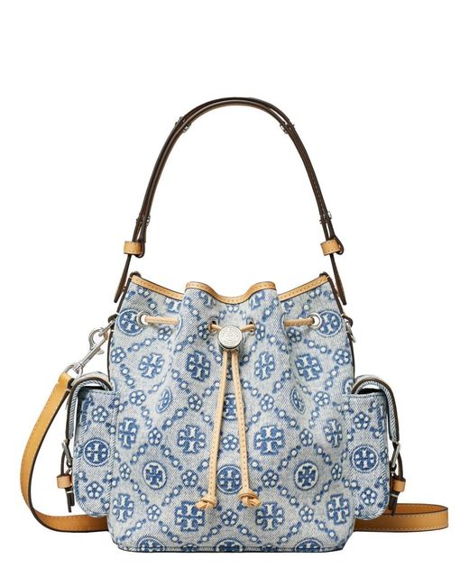 Tory Burch Blue T Monogram Jacquard Denim Bucket Bag