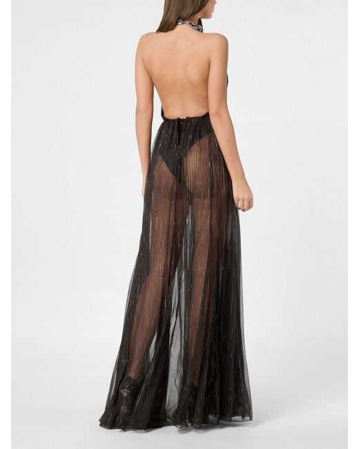 Philipp Plein Brown Long Chiffon Evening Gown With Halter Neck And Slit