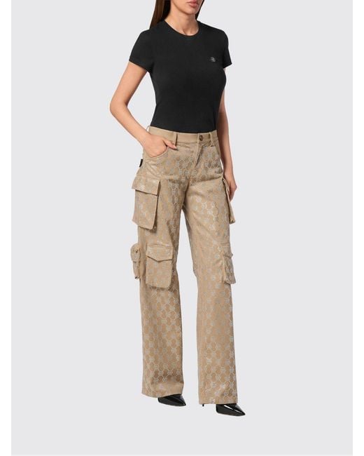 Philipp Plein Natural Cotton Cargo Trousers With Rhinestones