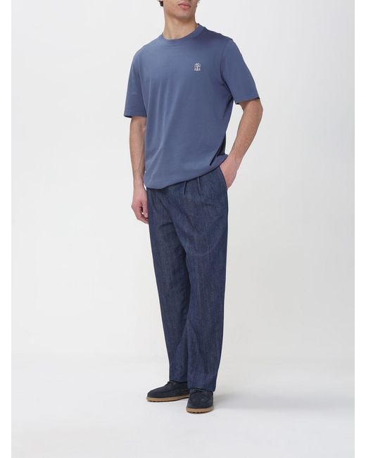 Brunello Cucinelli Blue Cotton T-Shirt With Logo for men