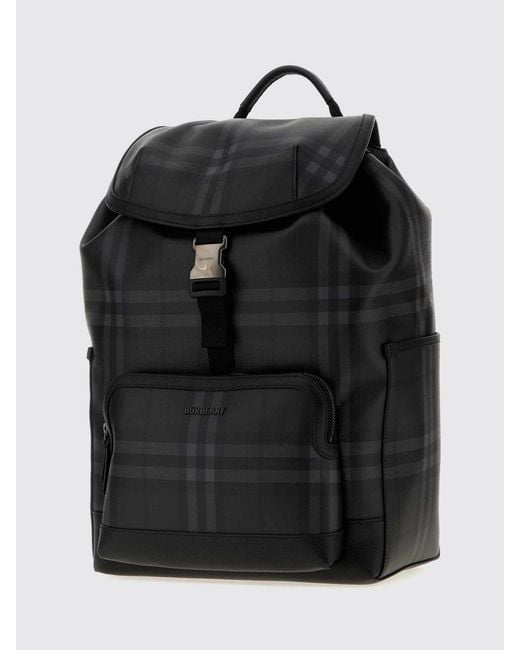 Burberry Black Check Pattern Coated Cotton Backpack With Flap Closure for men