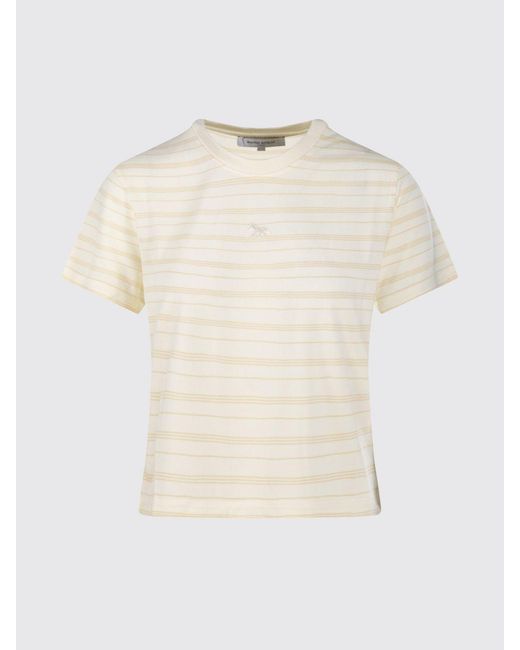 Maison Kitsuné White Maison KitsunÉ Striped Cropped Lyocell T-Shirt With Embroidered Logo