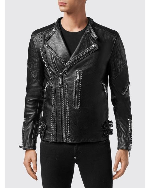 Philipp Plein Black Slim Fit Studded Calfskin Biker Jacket for men