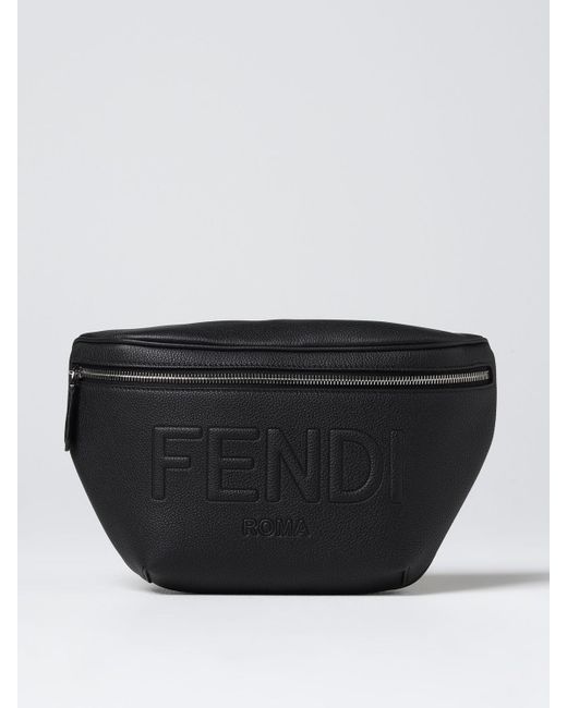 Fendi Black Belt Bag In Grained Leather With Embossed Logo for men