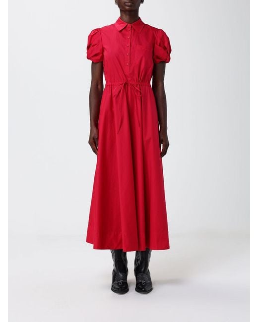 Twinset Red Stretch Cotton Midi Chemisier Dress With Short Sleeves And Belt