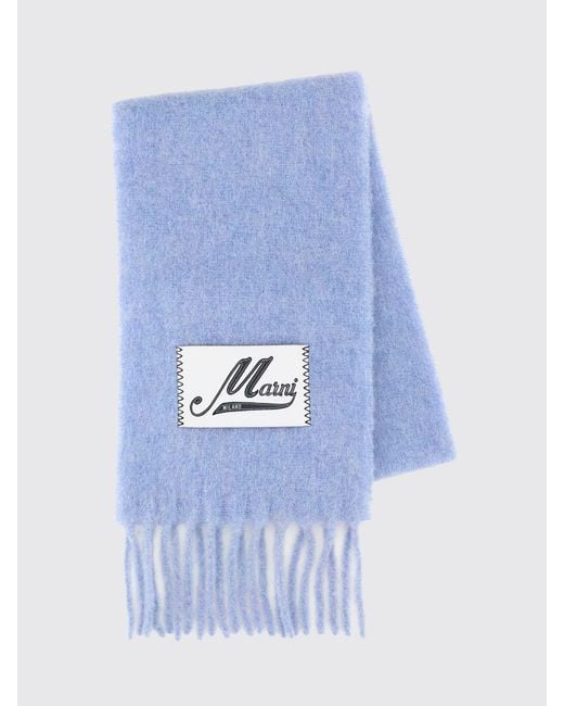 Marni Blue Logo-Patch Fringed Alpaca Wool-Blend Scarf