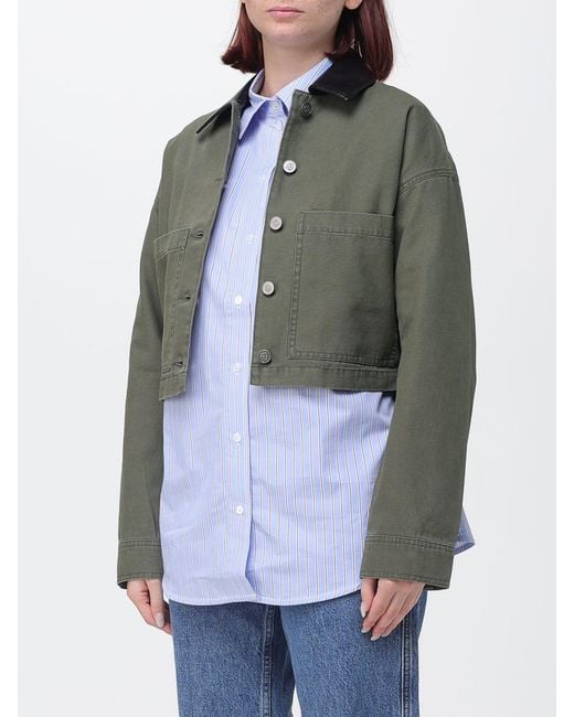 Anine Bing Green Yuma Cotton Shirt Jacket With Contrast Leather Collar