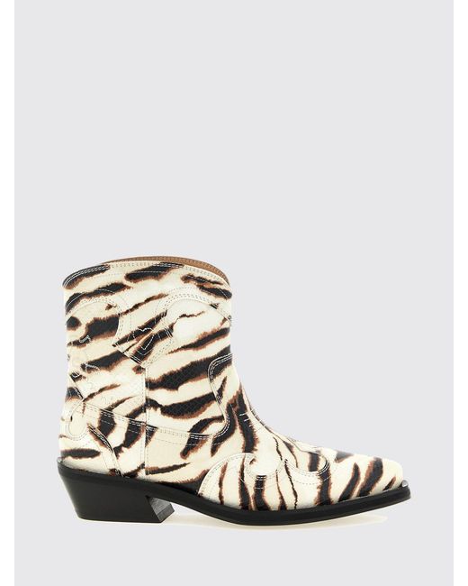Ganni White Low-Shaft Zebra Print Cowboy Boots With An Almond Toe