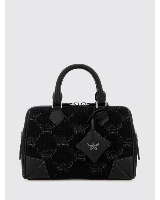 MCM Black Ella Jacquard Fabric Boston Bag