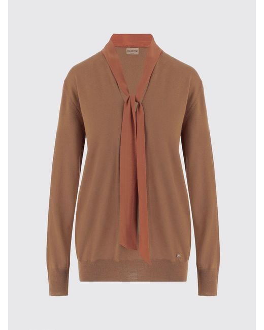 Valentino Garavani Brown Wool V-Neck Jumper With Scarf Collar