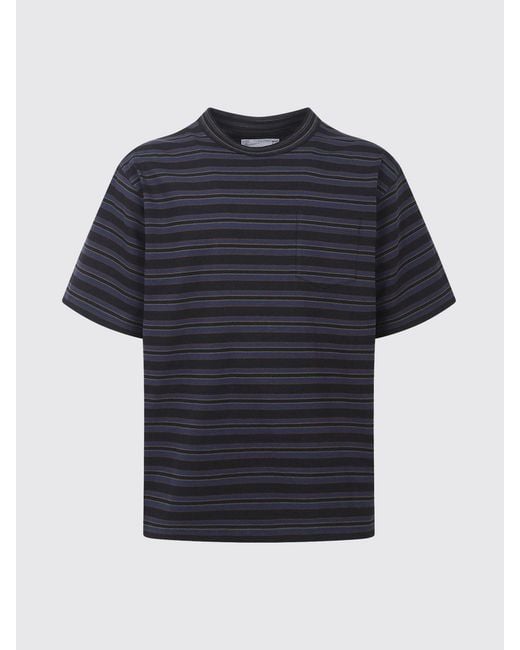 Sacai Blue Striped Cotton T-Shirt With Patch Pocket And Dropped Shoulders for men