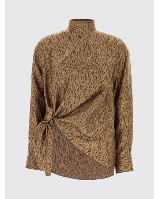Ferragamo Brown Draped Silk Blouse With Abstract Print And Mock Neck