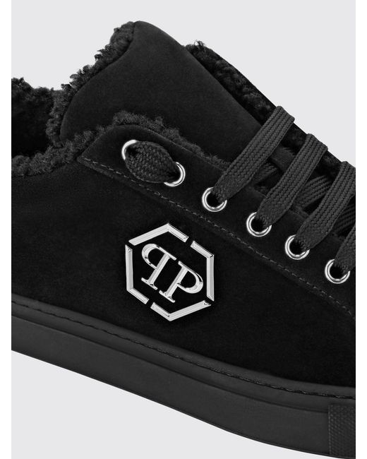 Philipp Plein Black Low-Top Leather And Suede Sneakers With Hexagon Logo And Shearling Lining for men