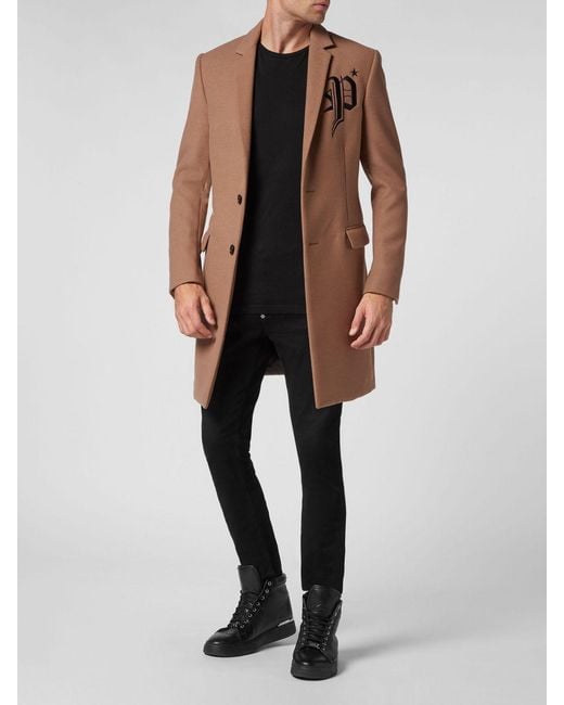 Philipp Plein Brown Knee-Length Single-Breasted Viscose Coat With Embroidered Logo for men