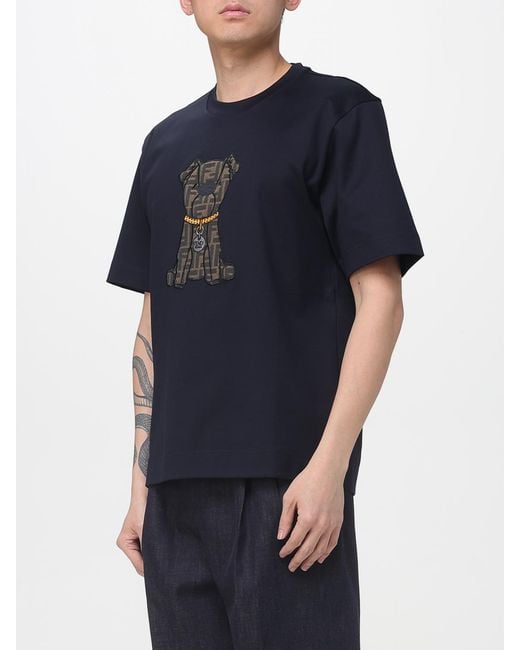 Fendi Blue Cotton T-Shirt With Ff Puppy for men