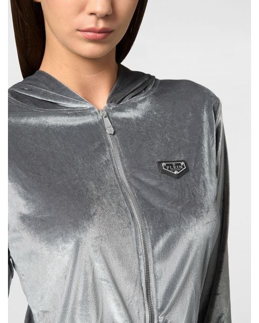 Philipp Plein Gray Cropped Velvet Zip-Up Hoodie With Rhinestone Logo Detail