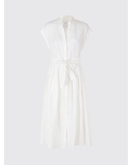 Eleventy White Linen Midi Chemisier Dress With Belt And Mandarin Collar