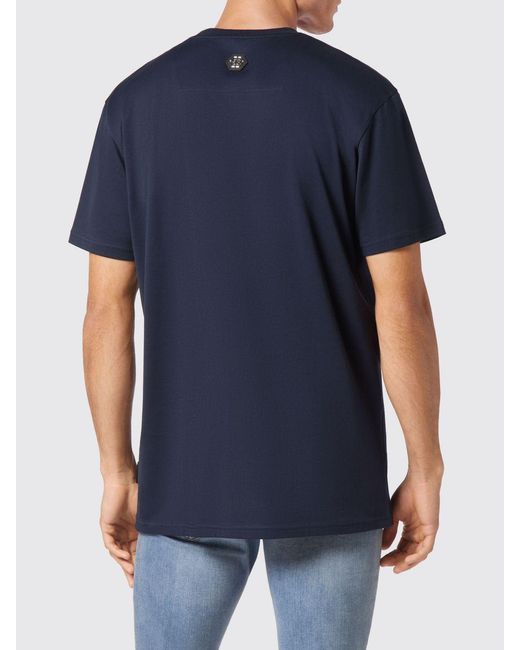 Philipp Plein Blue Cotton Crew Neck T-Shirt With Rhinestone Logo Lettering for men