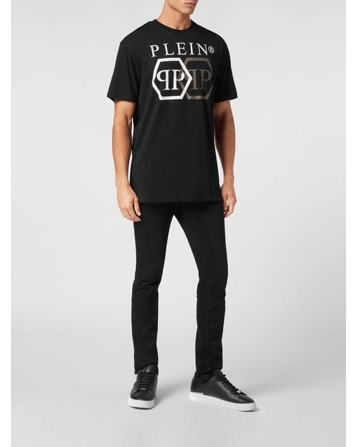 Philipp Plein Black Cotton T-Shirt With Hexagon Logo And Contrast Monogram Print for men