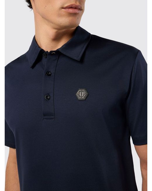 Philipp Plein Blue Cotton Polo Shirt With Monogram for men
