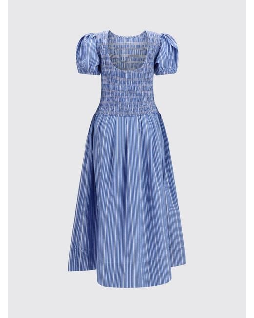 Ganni Blue Striped Cotton Midi Dress With Puff Sleeves