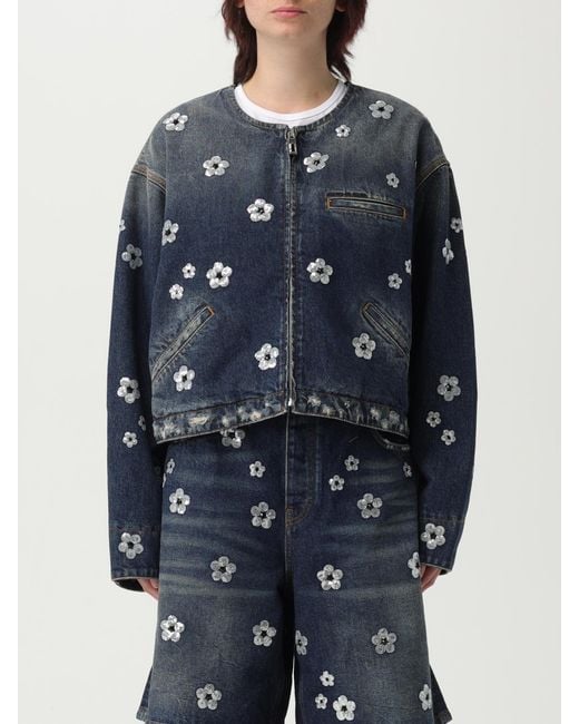 Marc Jacobs Blue Floral Embellished Denim Jacket With Front Zip Closure