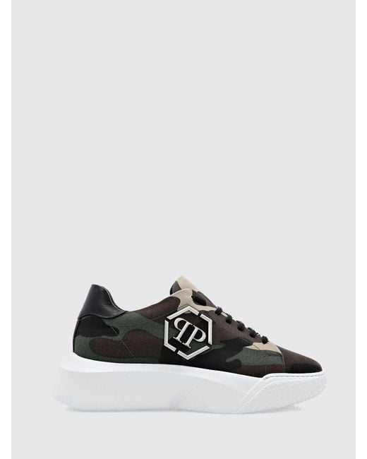 Philipp Plein White Camouflage Cotton Low-Top Sneakers With Chunky Sole And Hexagon Logo for men