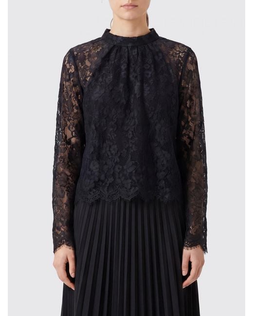 Self-Portrait Black Lace Long-Sleeved Blouse With Crew Neck