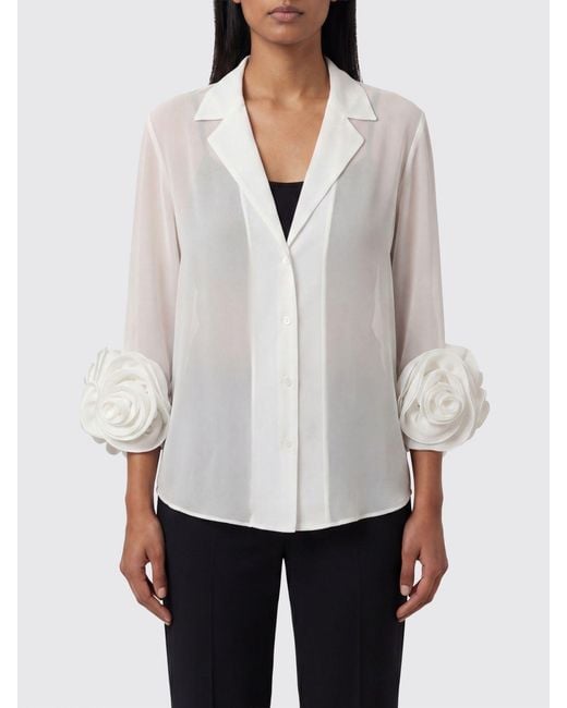 Hanita White Floral Print Chiffon Shirt With Flower Appliqué