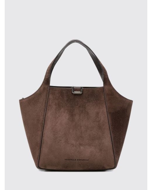 Brunello Cucinelli Brown Small Suede Handbag With Double Handle And Removable Strap