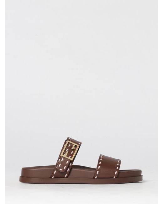 Fendi Brown Feel Leather Slippers With Contrast Stitching