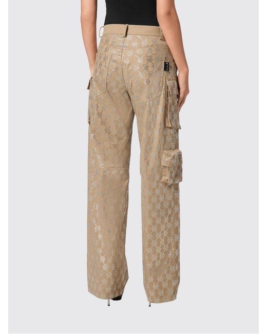 Philipp Plein Natural Cotton Cargo Trousers With Rhinestones