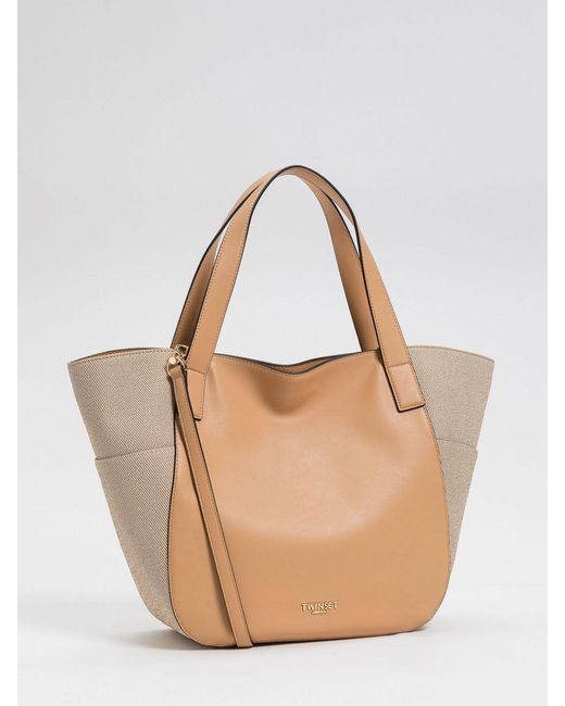 Twinset Natural Canvas And Faux Leather Bag