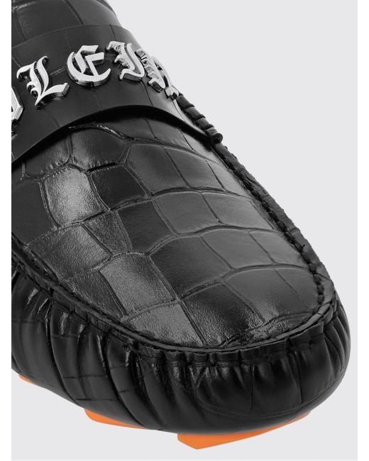Philipp Plein White Leather Driver Loafers With Crocodile Print And Metal Logo for men